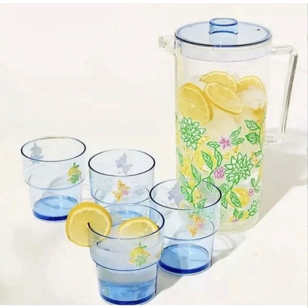 Lillyβ Pulitzer Lemonade Pitcher & Cup Set of 4 New Make Lemonade